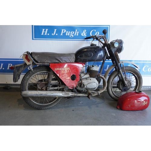 743 - Ambassador motorcycle. Barn fine, good project. C/w spare tank. Reg722KUR. No docs