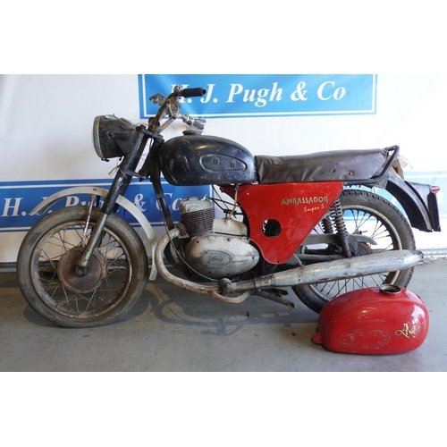 743 - Ambassador motorcycle. Barn fine, good project. C/w spare tank. Reg722KUR. No docs