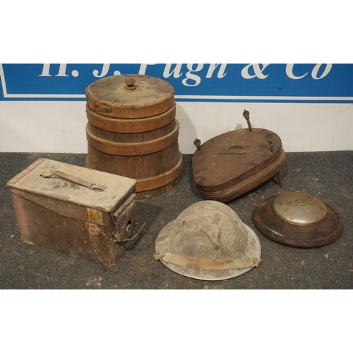 302 - Bellows, WWII helmet, ammo box etc