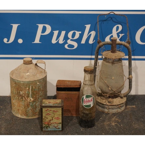 303 - 3 Assorted tins, Castrol oil bottle and tilley lamp