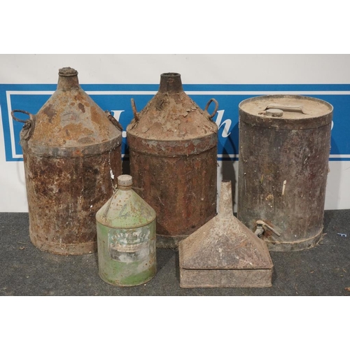 316 - 3 Large oil cans, Cotterils can and funnel