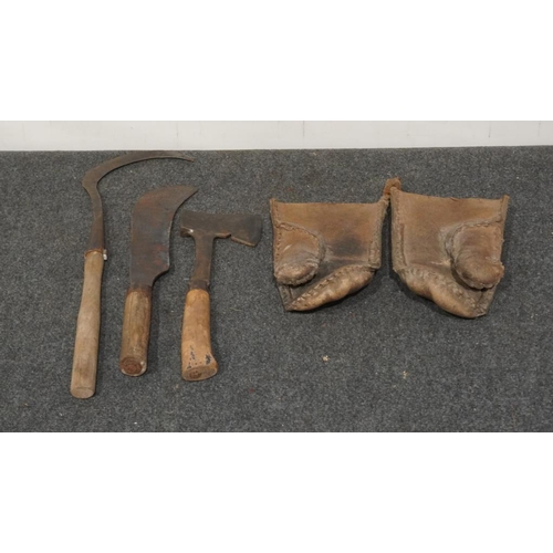 335 - Hedging tools including Elwell axe, Morris billhook and leather mitts