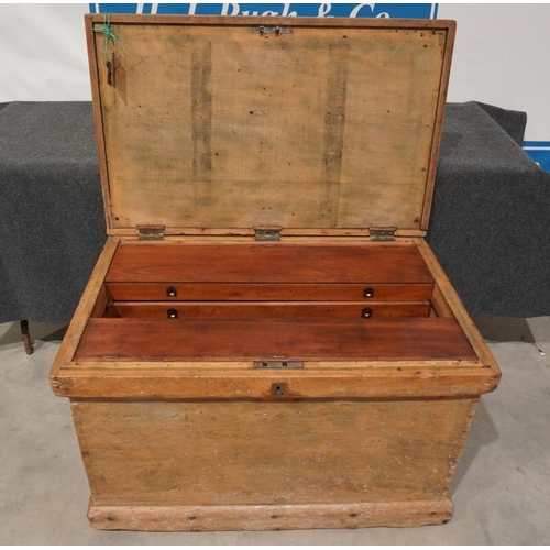 339 - Large 19thC shipwrights carpenters pitch pine chest with complete mahogany fitted interior