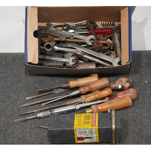 428 - Box of old spanners and hand tools