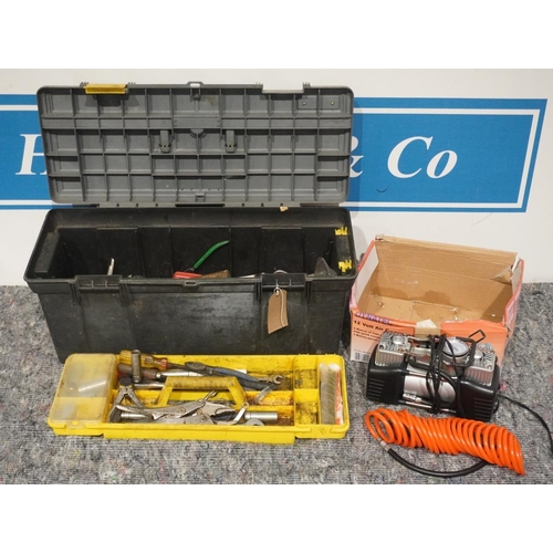 434 - Plastic toolbox and contents and 12V air compressor