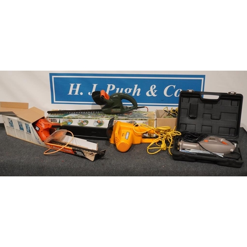 681 - Quantity of electric garden tools including hedge cutter, chainsaw and strimmer etc