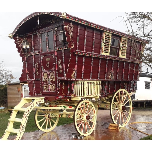 143 - Bill Wrights bow top gypsy wagon. 1904, Bill Wright stamped on both wheel axles, 24ct gold paintwork... 
