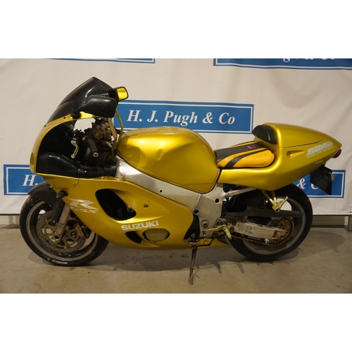 395 - Suzuki GSXR 600 motorcycle. 1997. c/w carb synchronizer and spare seat. No docs