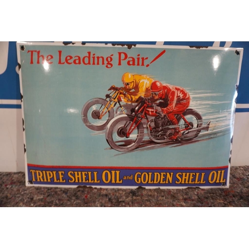 591 - The leading pair triple shell oil and golden shell oil enamel sign 14x21