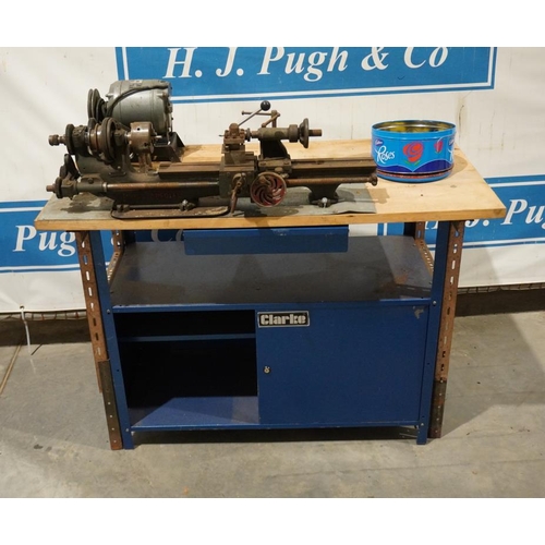 674 - Pools Special model makers lathe with  electric motor , Clarke work cabinet beneath