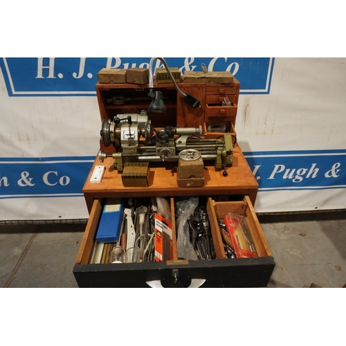 775 - Unimat selecta model makers lathe. c/w large quantity of tools to include dial gauges, tap and die p... 