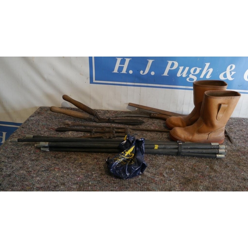 143 - Drain rods, garden tools and wellies etc