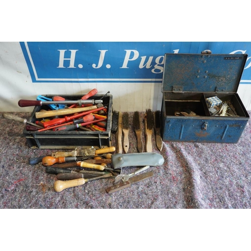 218 - Box of assorted hand tools and box of assorted tools and wire brushes