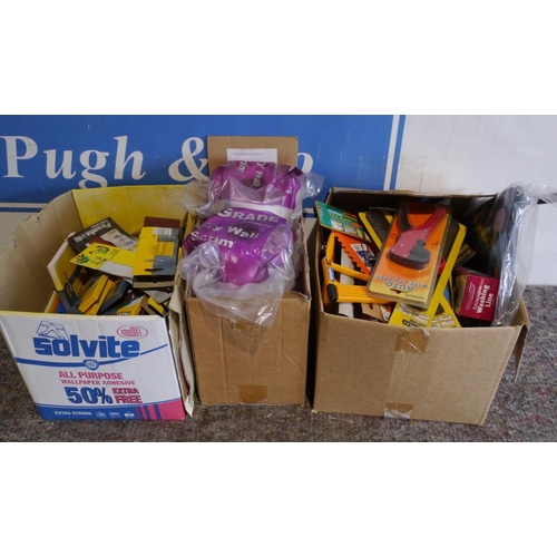 309 - Box of mixed sandpaper belts, box of drywall scrim and box of tiling tools etc