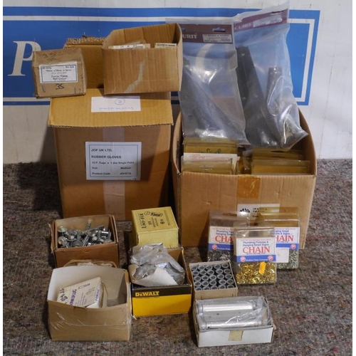 318 - 2 Boxes of assorted chains, raw bolts, hinges etc