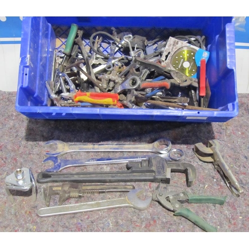 423 - Box of assorted hand tools including spanners, wrenches, bearing pullers etc