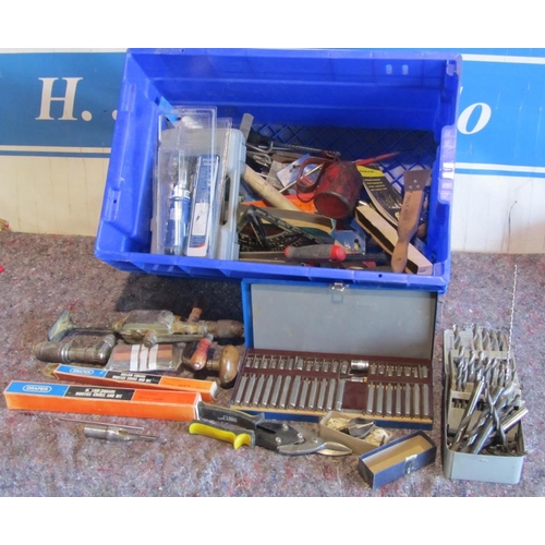 427 - Box of assorted hand tools and drilling accessories, hollow chisel sharpening tool etc