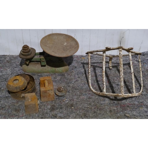 434 - Set of old kitchen scales with weights and old saddle rack