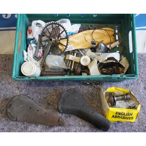 44 - Box of assorted bicycle parts including 2 Brooks saddles, Runwell sprocket and Rudge hub and pedal p... 