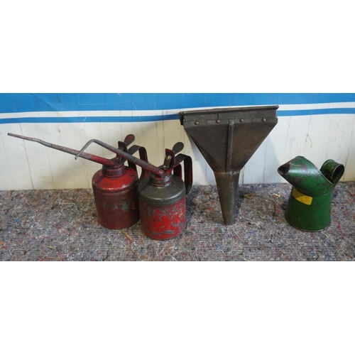 54 - 2 Oil cans, old square riveted funnel and small oil jug