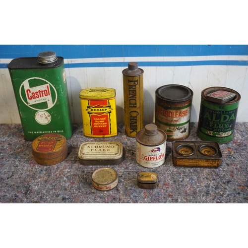 55 - Castrol oil 1L can, Dunlop tube repair can and assorted other old cans