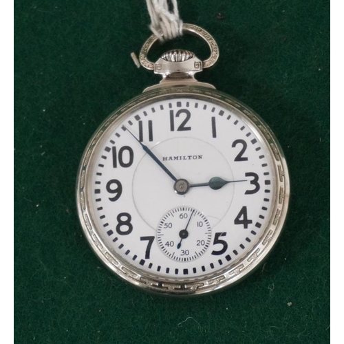 122 - Hamilton American white gold pocket watch. Gold centre wheel. 21 Jewel, adjustable in 5 positions. D... 