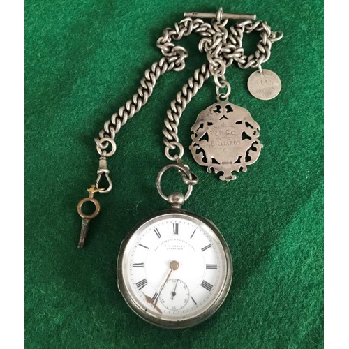 245 - HM silver pocket watch with heavy double Albert