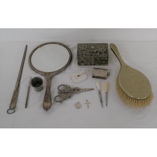 270 - Quantity of silver plate items including mirror and letter opener, assorted metalware including trin... 