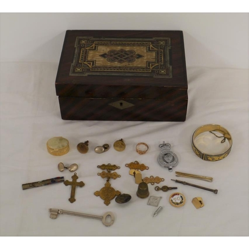 272 - Inlaid jewellery box and quantity of assorted cufflinks, buttons, badges etc