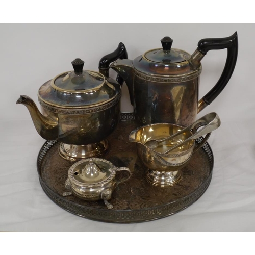 278 - Silver plate tea pot, coffee pot, sugar bowl etc on silver plate round tray