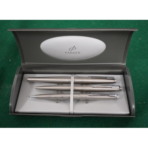 322 - Parker 45 flighter stainless steel trio. Fountain, ball point pens and mechanical pencil in box