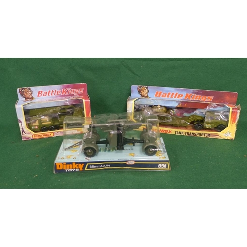 349 - Matchbox battle kings tank transporter and K113 armoured mobile crane and dinky 656 88mm gun all new... 