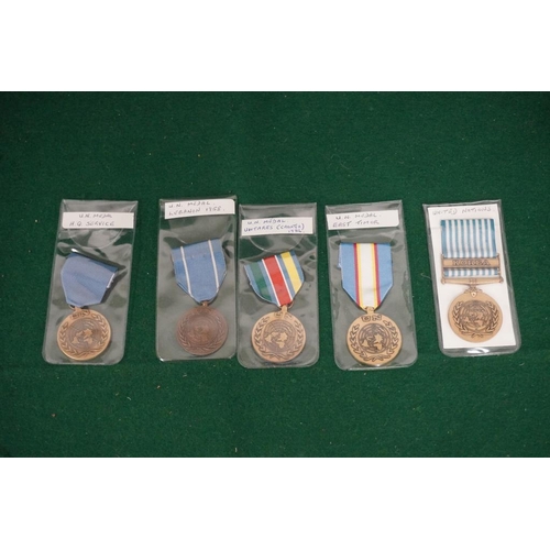 361 - 5 U/N medals. Lebanon 1958, East Timor, Croatia 1986, Korea and H.Q service