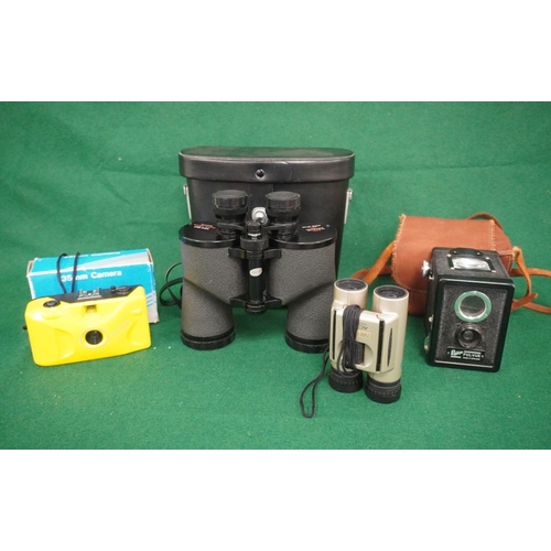 388 - Pair of Tecnar 12x50 binoculars, Minolta binoculars, Ensign Ful-Vee camera and 1 other camera
