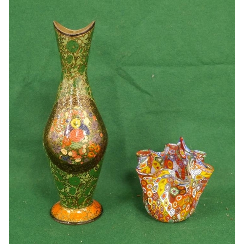 389 - Paper mache vase with floral design and small Murano glass vase