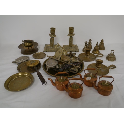 392 - Large quantity of assorted brassware and 4 miniature copper kettles