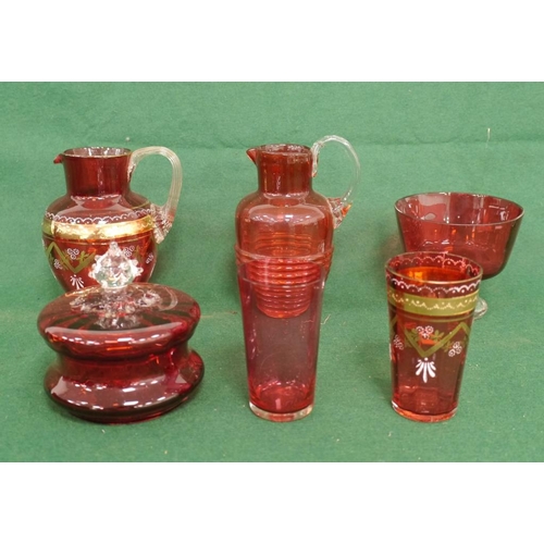 397 - 6 Pieces of cranberry glassware