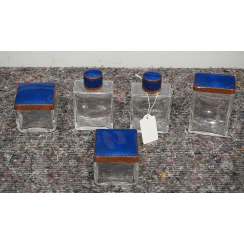 401 - 2 Glass perfume bottles with blue enamel tops and 3 glass bottles with blue enamel tops