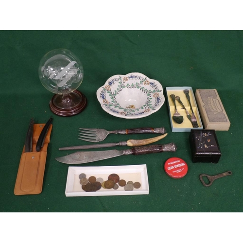 402 - Box of old coins, inlaid trinket box, Stagshorn cutlery, Cutthroat razors etc
