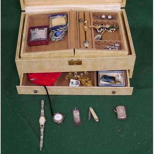 404 - Box of costume jewellery including silver and gold vesta, Mother Of Pearl pocket knife, cigarette li... 