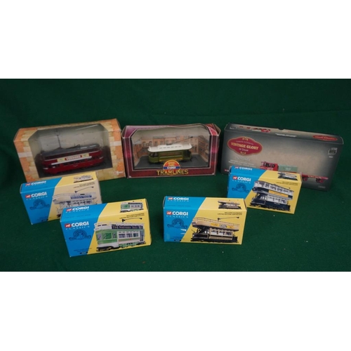 411 - 4 Boxed limited edition Corgi open top tram models including Leeds, Leicester and 3 other boxed Corg... 