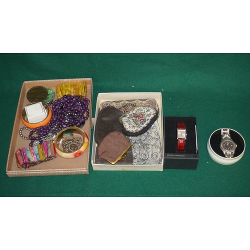 425 - Tray of vintage ladies purses, tray of costume jewellery, ladies watch and mens Tag Heuer watch