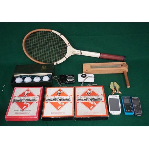 427 - Old tennis racket, 3 mobile phones, 2 cameras, old sports rattle, boxes set of 4 St.Andrews golf bal... 