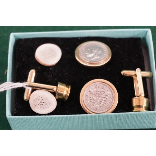 79 - Selection of 3 sets of cufflinks to include set made from three pence coins set made from Winchester... 
