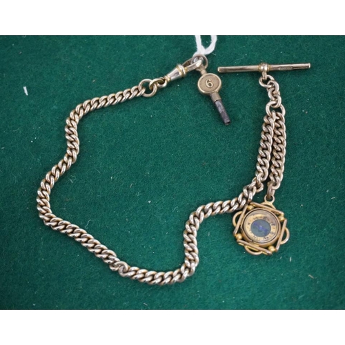 85 - Yellow metal watch chain with compass and key