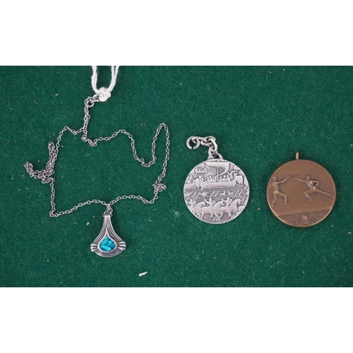 92 - Hallmarked silver enamel pendant on silver chain with 2 medals