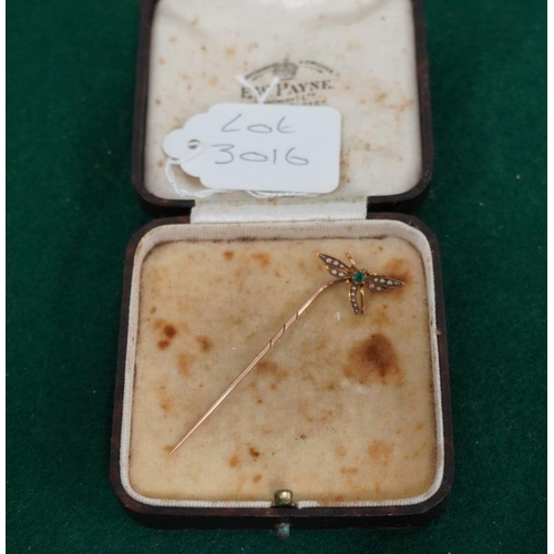 94 - Hallmarked 15crt gold seed pearl and emerald stick pin