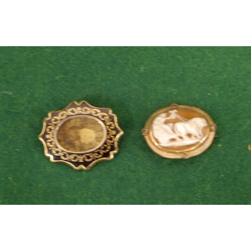 96 - Pair of cameo brooches, one enamelled art deco style, both tested gold