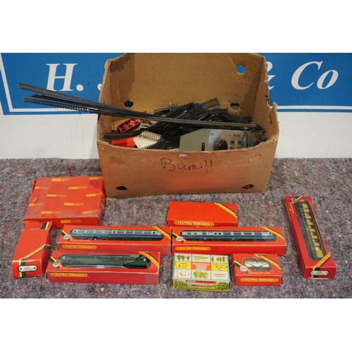 437 - Box of assorted boxed Hornby railway accessories including coach, power supply etc