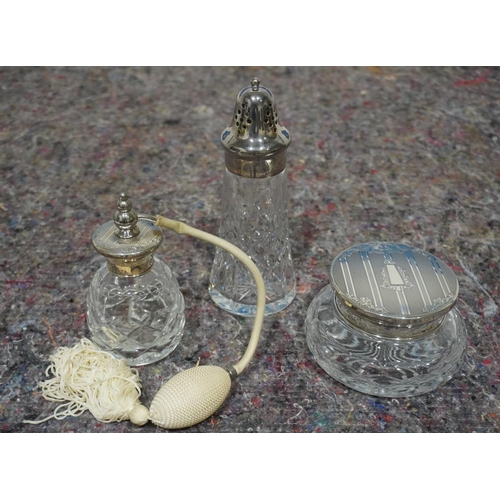 450 - Royal Brierly cut glass scent bottle with silver top, Royal Brierly cut glass powder jar with silver... 